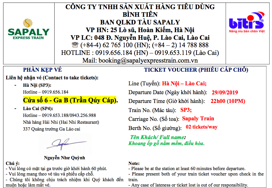 Sapaly train ticket for the ride from Hanoi to Sapa