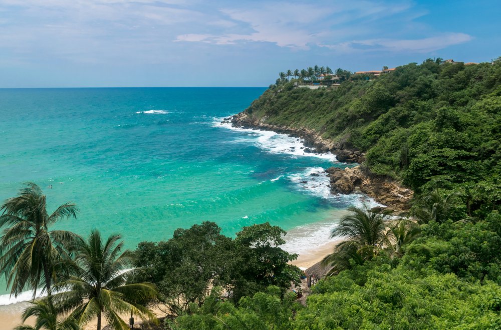 aerial view of Puerto Escondido, best beach town in Mexico