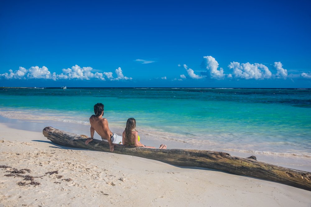 couple sitting on a log on the beach watching the ocean