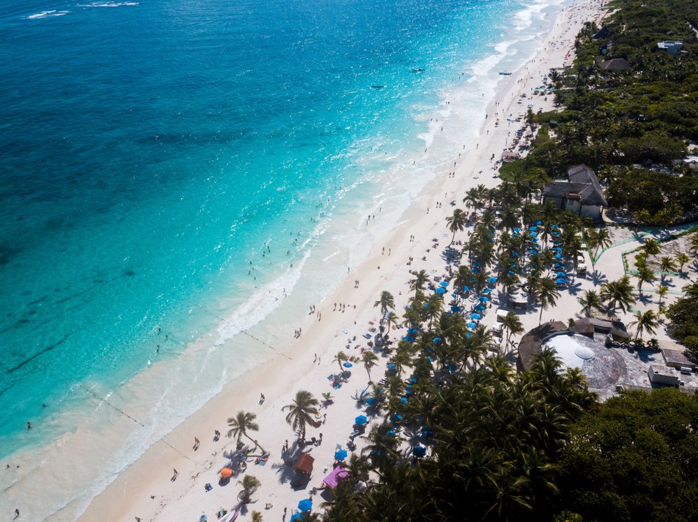 Aerial of Playa Pescadores in Tulum Beach Mexico