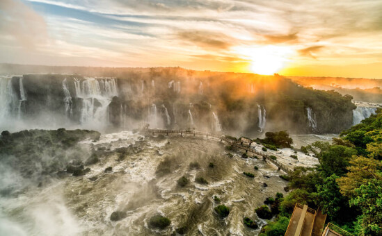 Iguazu falls at sunset on the border of Brazil and Paraguay