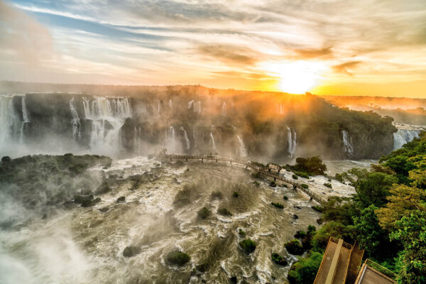 Iguazu falls at sunset on the border of Brazil and Paraguay